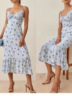 Reformation Embry midi dress in Al Fresco blue floral/gingham print, size 8